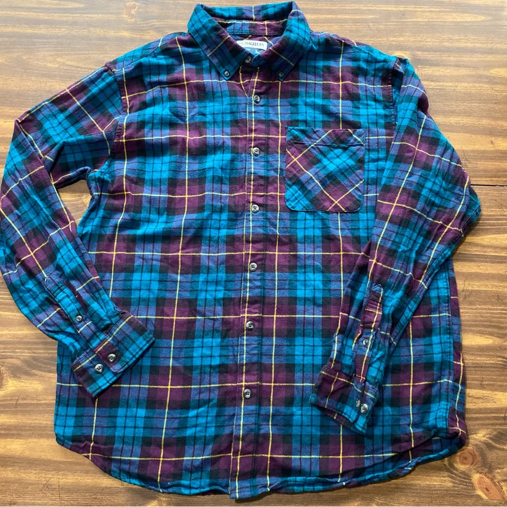 Magellan Button Up Flannel Shirt Canyon Creek Blue Purple Plaid Cotton Large
